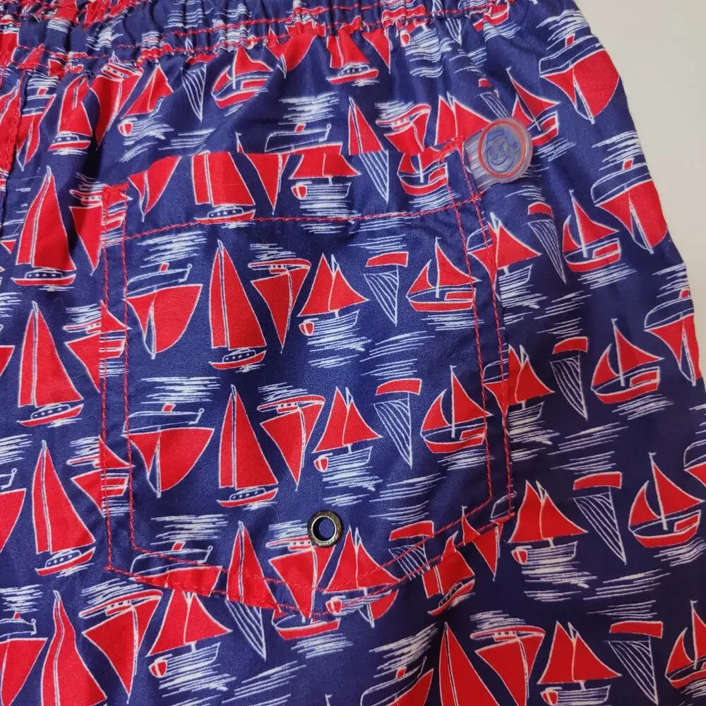 Mr. Swim Men's Sz M Sailboat Nautical Swim Trunks Short Inseam Blue Red Summer
